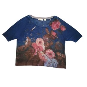Anthropologie Sleeping On Snow 100% Wool Short Sleeve Floral Sweater - S